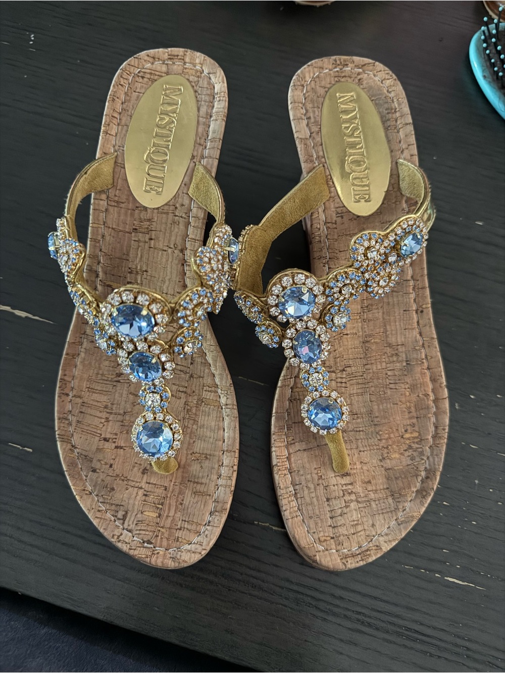 Mystique Boutique Gold Sandals with Blue Crystal Accents fits 8.5 and 9